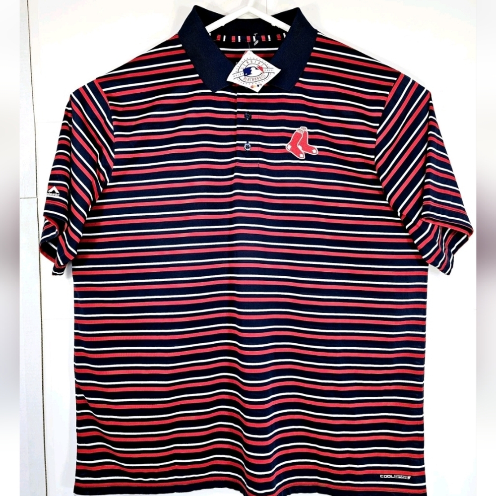 NWT Majestic Cool Base Boston Red Sox Mens Sz 2XL Golf Shirt Polo Red White Blue